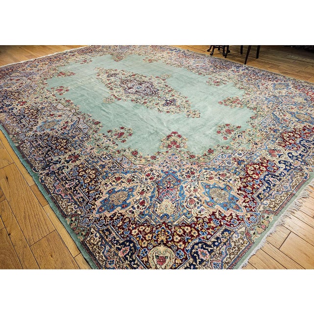 1900 - 1909 Vintage Oversized Persian Kerman Rug, Hand-Knotted Wool, Floral Pattern, Pale Green & Red, 12x16 For Sale - Image 5 of 15