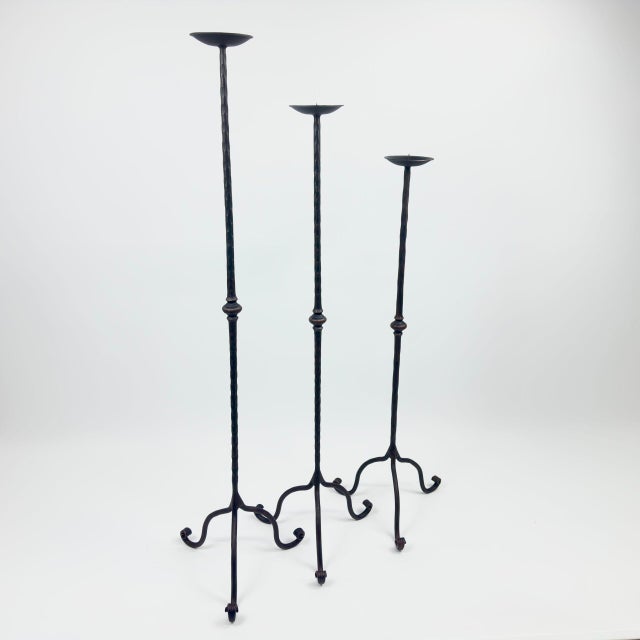 Hand Forged Iron Candelabra Set of 3 (93-113cm) Antique Copper Finish Hammered Stem with Decorative Knop For Sale - Image 9 of 10