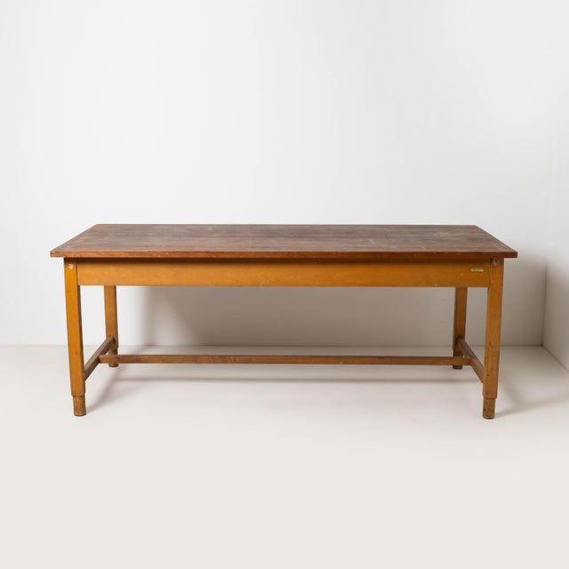 Large work / industrial / farm table, patinated wood, Czechoslovakia, circa 1960 Original, unrestored condition with...