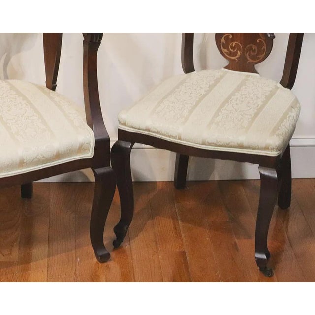 French Style Antique Mahogany Armchair & Single Chair Mother of Pearl For Sale In West Palm - Image 6 of 6