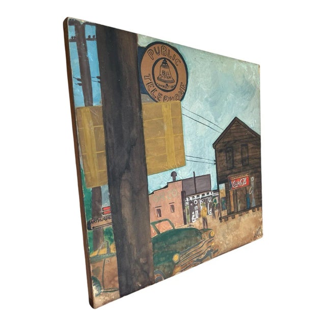 Vintage painting on masonite board depicting a mid 20th century tow seen. Painting was obtained in Brazil, is signed and...