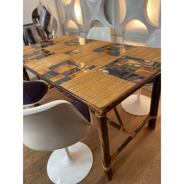Dining Table in Stained Rattan, Bamboo and Ceramic by Adrien Audoux and Frida Minet, 1950s For Sale - Image 6 of 13