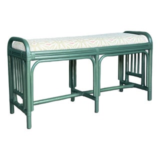 1970s Palm Beach Style Green Lacquered Bench With Floral Upholstery For Sale