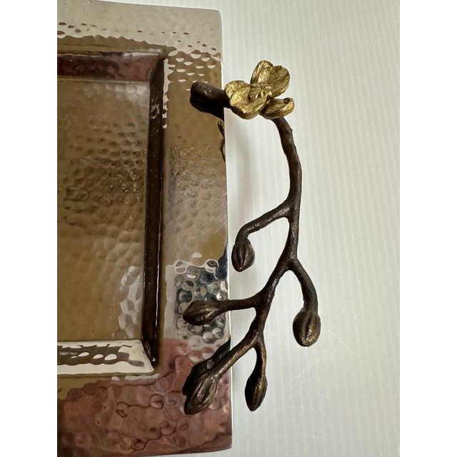 Michael Aram Sign Gold Plated Orchid Flowers Hammered Silver Tone Shine Serving Tray 17"x 7" For Sale - Image 18 of 18