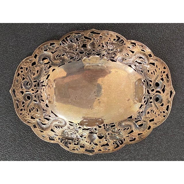 Metal Late 19th Century Wang Hing Chinese Sterling Silver Reticulated Dish With Dragon and Bat Motifs For Sale - Image 7 of 8