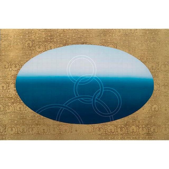 Rebecca Koury "Tapestry of the Ocean" Blue Gold Ocean Contemporary Abstract Painting, Acrylic and Mixed Media on Canvas, Carmel California Art For Sale