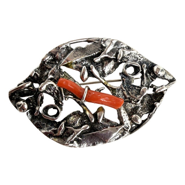 Israeli Sterling Silver and Coral Brutalist Brooch/Pendant For Sale