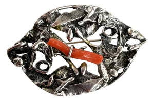 Israeli Sterling Silver and Coral Brutalist Brooch/Pendant