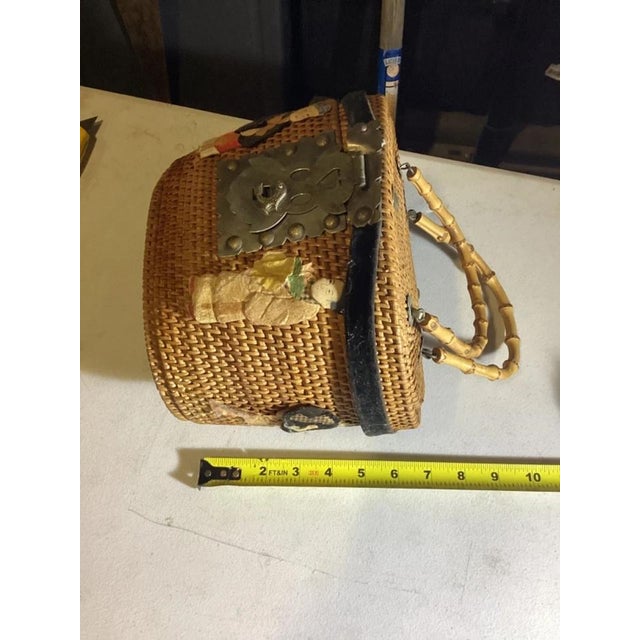Antique Chinese Woven Wedding Basket With Silk Appliqué Decorative Basket For Sale - Image 9 of 10