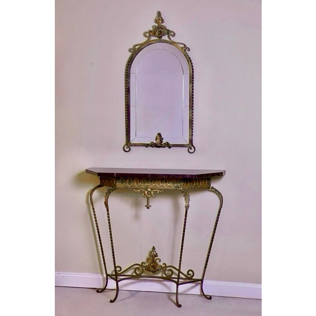 French Oscar Bach Attributed Gilded Iron Console With Beveled Mirror, Marble Top, C. 1920 For Sale - Image 3 of 18