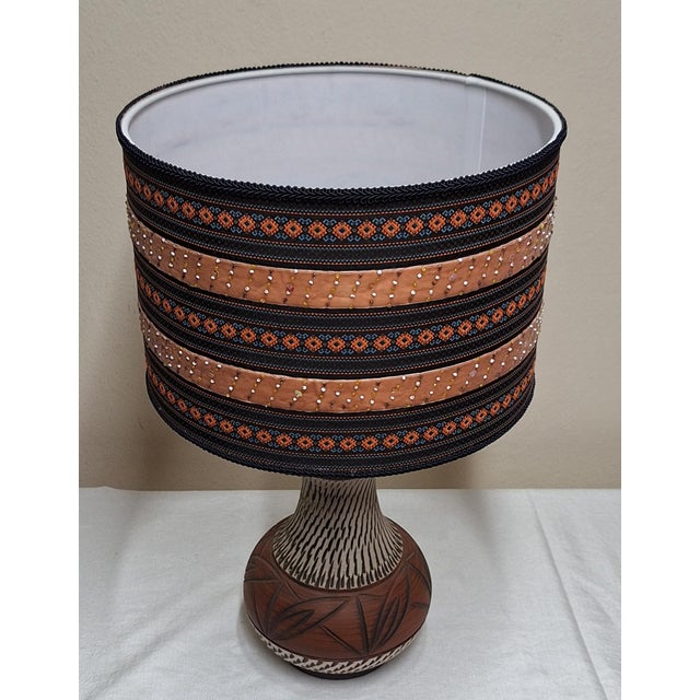 Vintage Table Lamp with Beige-Brown Ceramic Base and Fabric Shade from Lamplove, 1970s For Sale - Image 4 of 8