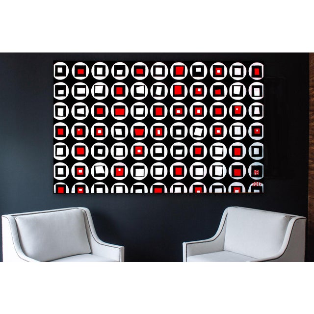 Textile Red and Black Dynamic Circles Acrylic Painting by Natalia Bessonova Large Pattern Geometry Squares For Sale - Image 7 of 7
