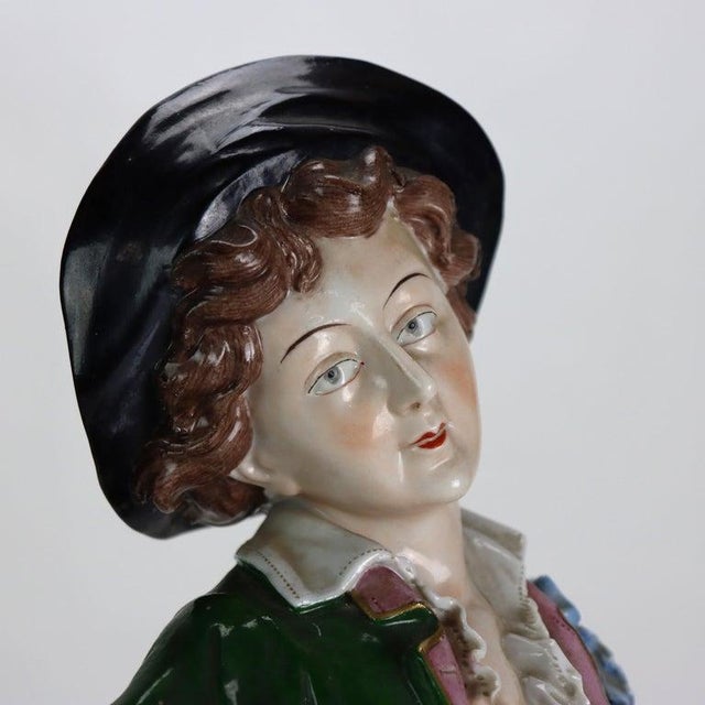 Pair Oversized Antique German Majolica Porcelain Figures of a Maiden & Lad C1920 For Sale - Image 12 of 16