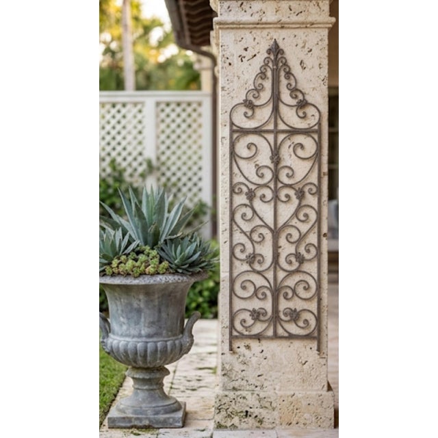 Greige Vintage Hand-Forged Cast Iron Scrollwork Wall Trellis & Architectural Panel With Fleur-De-Lis Accents For Sale - Image 8 of 12