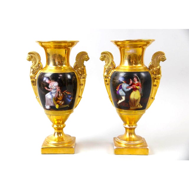 Pair of Old Paris Gilt Porcelain Decorative Vases With Romantic Scenes For Sale - Image 14 of 14