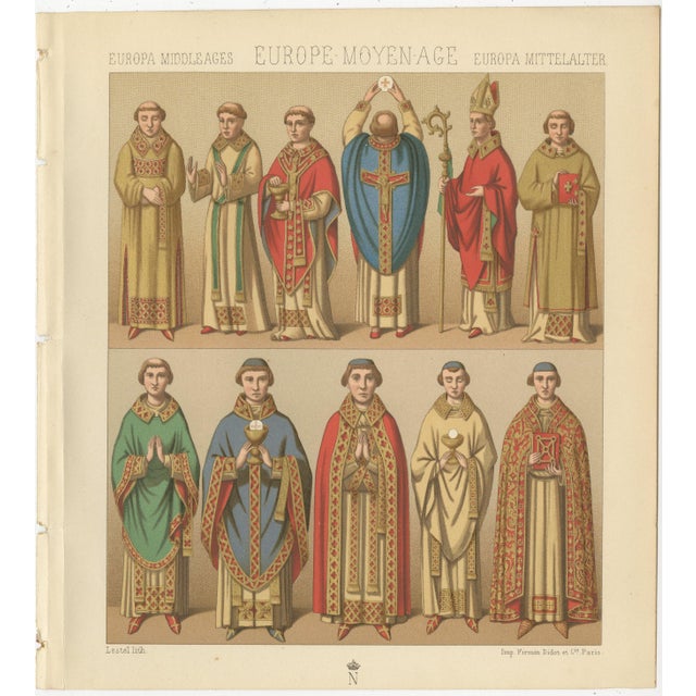Racinet, Gothic Vestments: Medieval European Clergy Costumes, 1888, Chromolithograph For Sale - Image 3 of 9