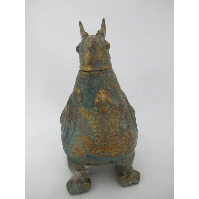 Chinese Chinese Archaic Bird Bronze Ware Gold Toad Accent Ritual Wine Vessel Pitcher For Sale - Image 3 of 18