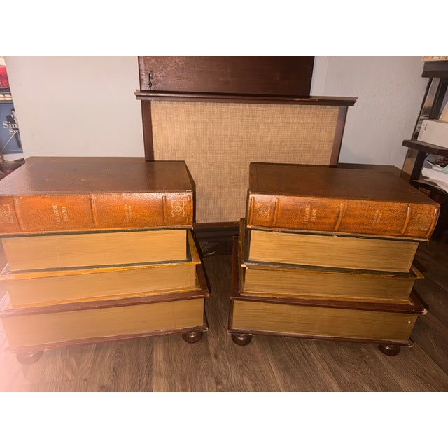 Pair of Vintage Hollywood Regency Trompe l'Oeil Stacked Book Side Tables With Drawers For Sale - Image 4 of 7