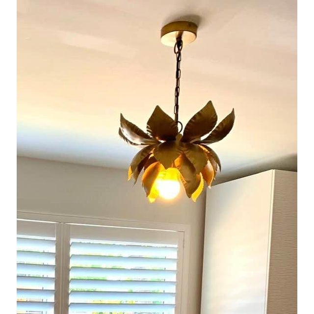 Vintage 1970's Italian Gilt Metal Lotus Flower Pendant/ Chandelier/ Ceiling Fixtures a - Pair For Sale - Image 4 of 8