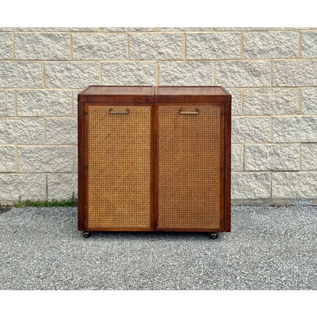 Mid-Century Modern Mid Century Walnut Bar Cabinet With Sliding Top Extension and Cane Doors For Sale - Image 3 of 12