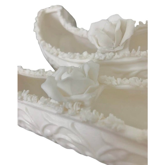 Off-white Vintage Bisque Porcelain Oval Centerpiece Planter With Sculpted Roses, the Set of 4 Pieces For Sale - Image 8 of 11
