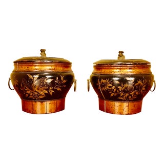 Antique Chinese Lacquered Wooden Lidded Storage Vessels—A Pair For Sale