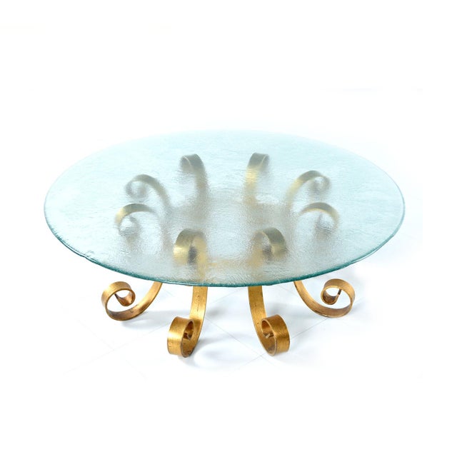 Metal Gold Wrought Iron Scroll Round Coffee Table With Rippled Glass For Sale - Image 7 of 11
