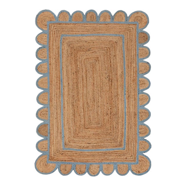 Scallop Jute Classic Blue Hand Made Rug - 2.6'x5' For Sale
