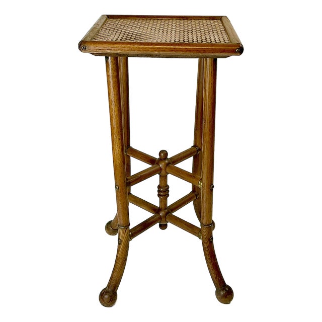1950s Vintage Arts & Crafts Boho Chic Oak, Cane & Brass Stick & Ball Drinks Table For Sale