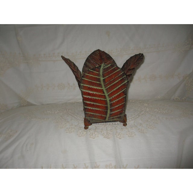 Metal Vintage Deep Bronze & Green Metal Tropical Leaf Wastebasket For Sale - Image 7 of 7