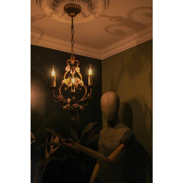 Italian Florentine Golden Metal Three-Light Chandelier with Porcelain Roses, 1970s For Sale - Image 4 of 18