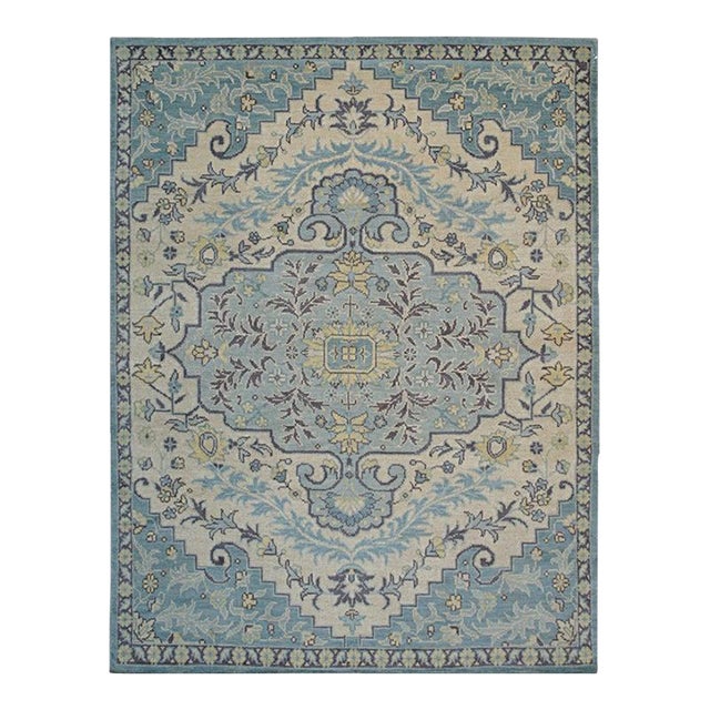 8x10 Blue Hand-Knotted Wool Floral Symmetry Geometric Modern Carpet Rug For Sale