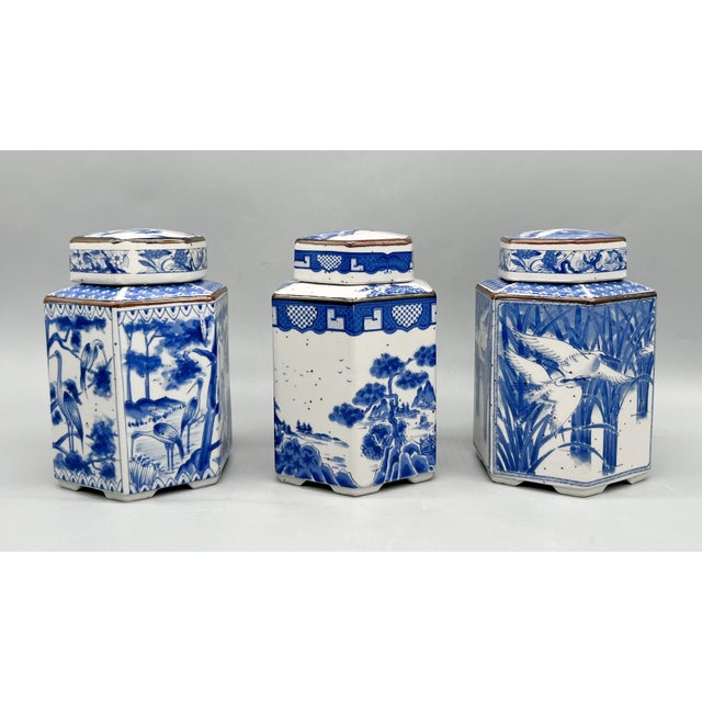 Set of Three Vintage Blue & White Porcelain Tea Caddies | Lidded Chinoiserie Canisters - Chinoiserie, Traditional, Grandmillennial For Sale In Houston - Image 6 of 18
