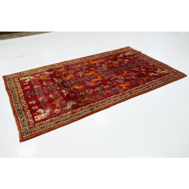 Red Pictorial Designed Vintage Shiraz Persian Wool Rug in Red For Sale - Image 8 of 8