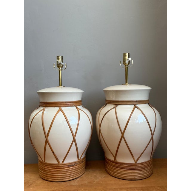 Vintage Ceramic and Rattan Table Lamps - Pair For Sale - Image 14 of 14