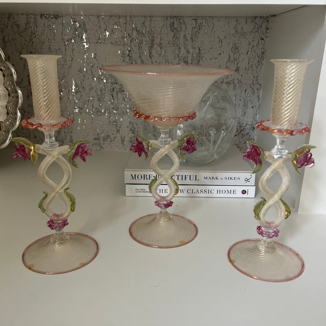 Hollywood Regency Antique 1920-30s Venetian Murano Glass Garniture Set With Tazza and Candleholders- Set of 3 For Sale - Image 3 of 8