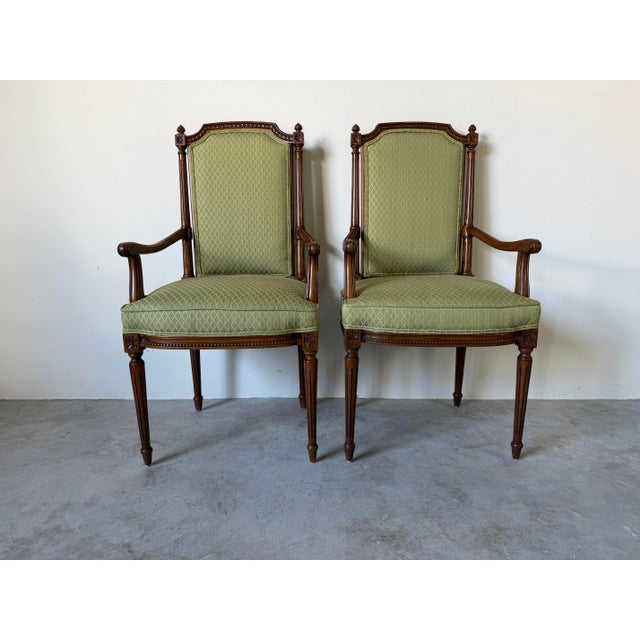 French Vintage French Louis XVI Style Carved Walnut Armchairs With Green Upholstery – A Pair For Sale - Image 3 of 12