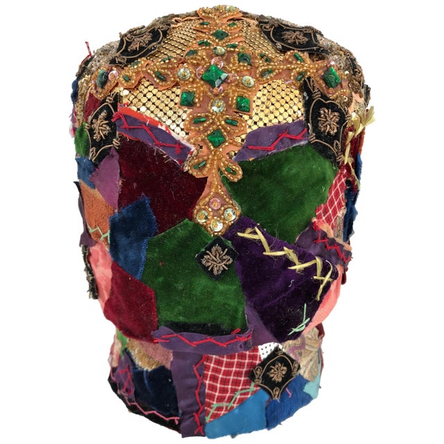 Mixed-Media Crazy Quilt and Gold Lame Head Sculpture For Sale - Image 10 of 10