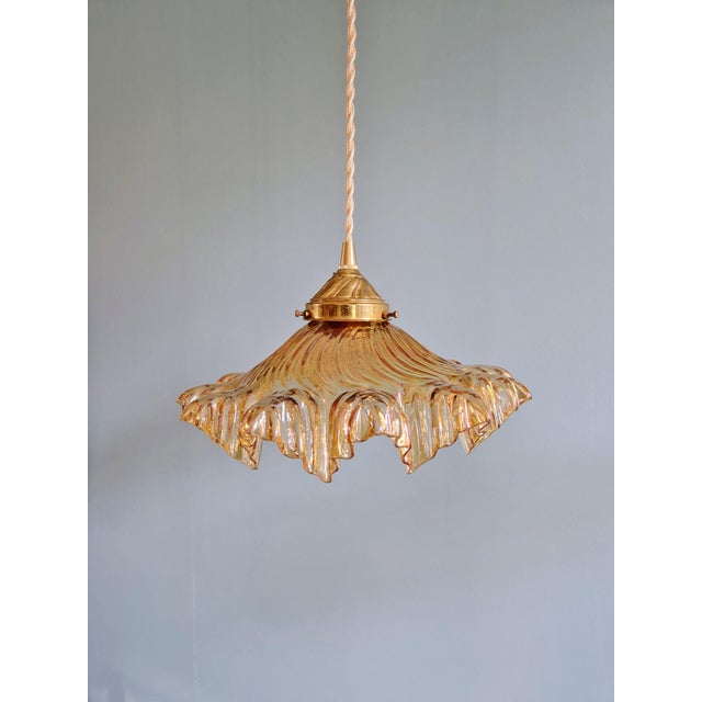 Amber-Colored Pleated Glass Pendant Lights, 1930s, Set of 3 For Sale - Image 10 of 18