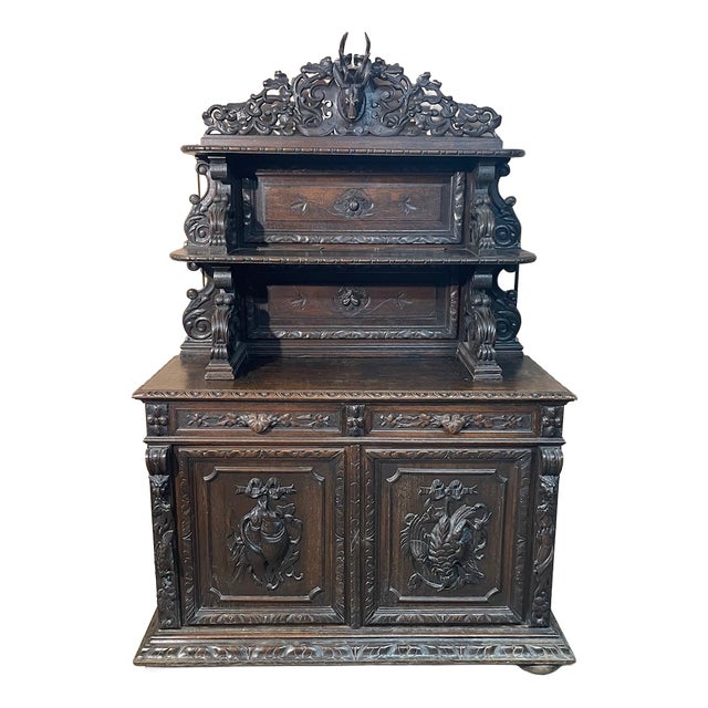 French Carved Oak Hunting Sideboard, 1860 For Sale
