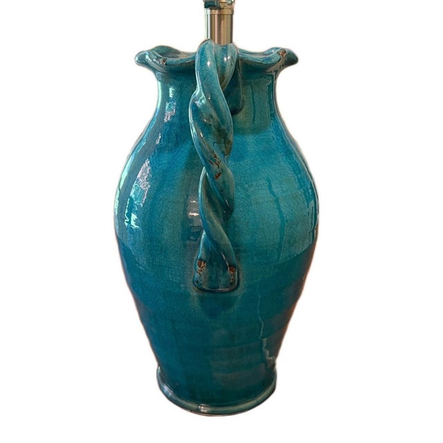 Mediterranean Contemporary Coastal Tuscan Style Glazed Handled Pottery Urn Lamp For Sale - Image 3 of 6