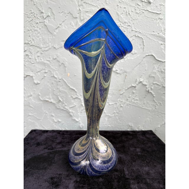 Mid-Century Modern Vintage Bohemian Cobalt Blue Pulled Feathered Handblown Art Glass Vase 9.75” For Sale - Image 3 of 7
