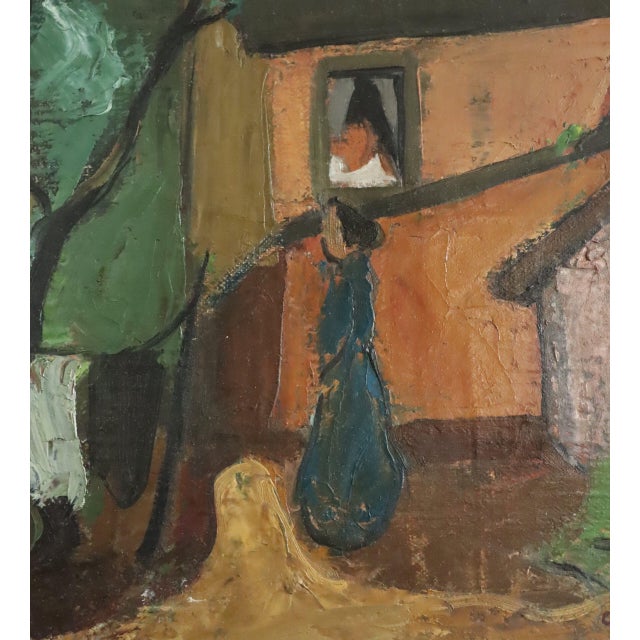 Mid-Century Modern 'Village Courtyard' Vintage Original Landscape Oil Painting, Framed For Sale - Image 9 of 14