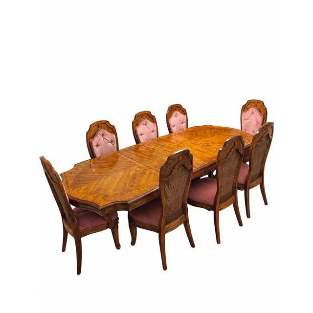 Vintage Double-Pedestal Dining Table With Cane-Back Chairs — Set of 9 For Sale - Image 4 of 18