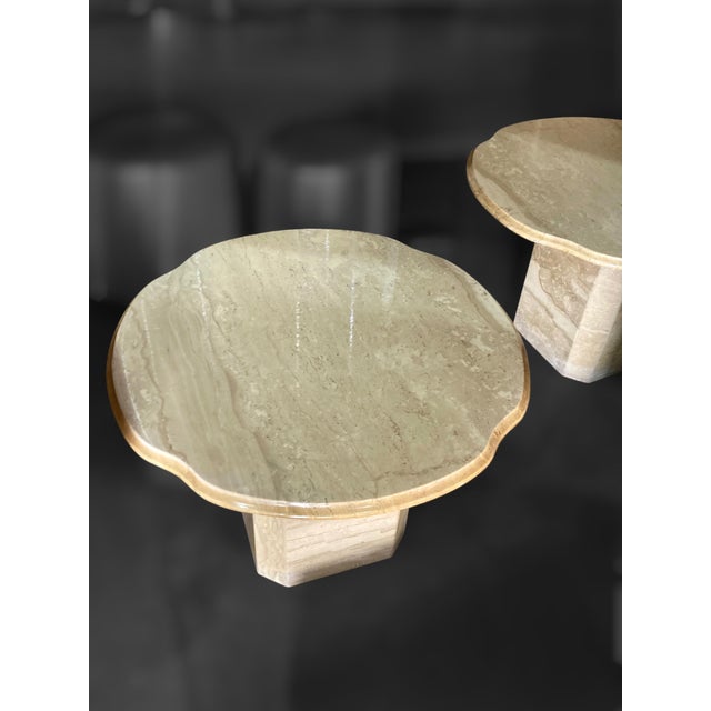 Stone Pair of 1970s Italian Travertine Scalloped Edge Pedestal End Tables For Sale - Image 7 of 18