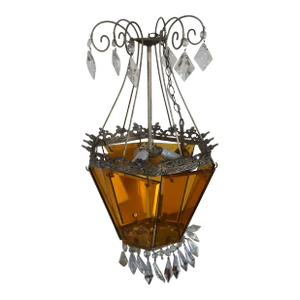 Mid-Century Hollywood Regency Amber Glass & Drop Crystal Pendant Light