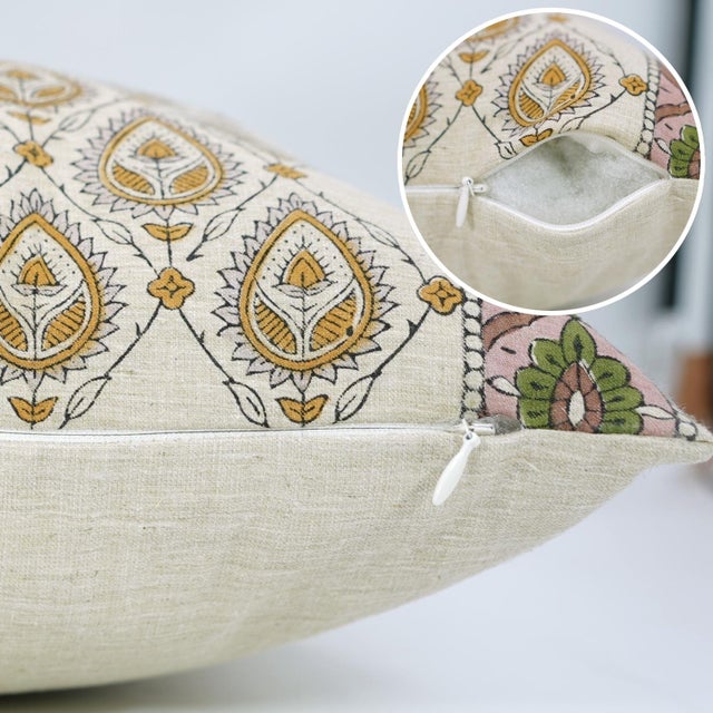 Not Yet Made - Made To Order Fabdivine Paan Patti Border Decorative Pillow Cover 20x20 Inch Linen Blend Block Print Cushion For Sale - Image 5 of 7