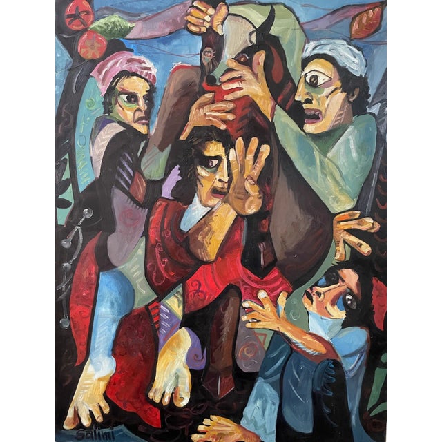 This painting is an expressive, figurative work that uses bold colors, angular shapes, and exaggerated gestures to convey...