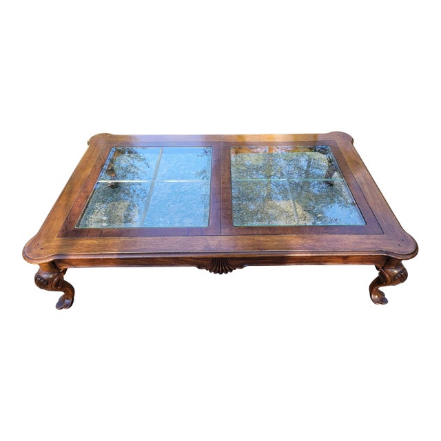 1970s Drexel Expansive Vintage Coffee Table With 2 Glass Inserts For Sale