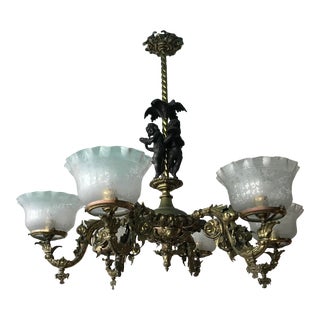 1900s Art Nouveau French Bronze Gas Chandelier with Putti & Original Shades For Sale